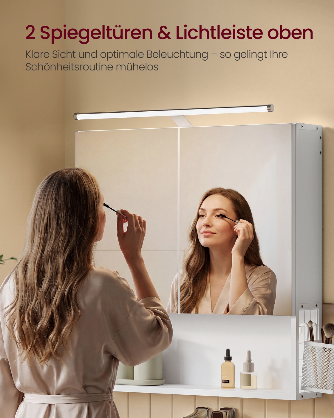 Cloud white mirror cabinet 13 x 56 x 58 cm, 2 mirrored doors, lighting