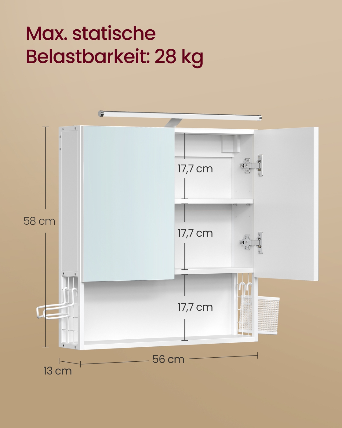 Cloud white mirror cabinet 13 x 56 x 58 cm, 2 mirrored doors, lighting