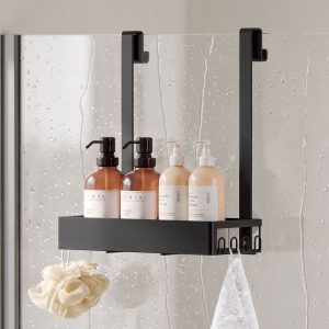 Shower shelf for hanging without drilling, made of black stainless steel