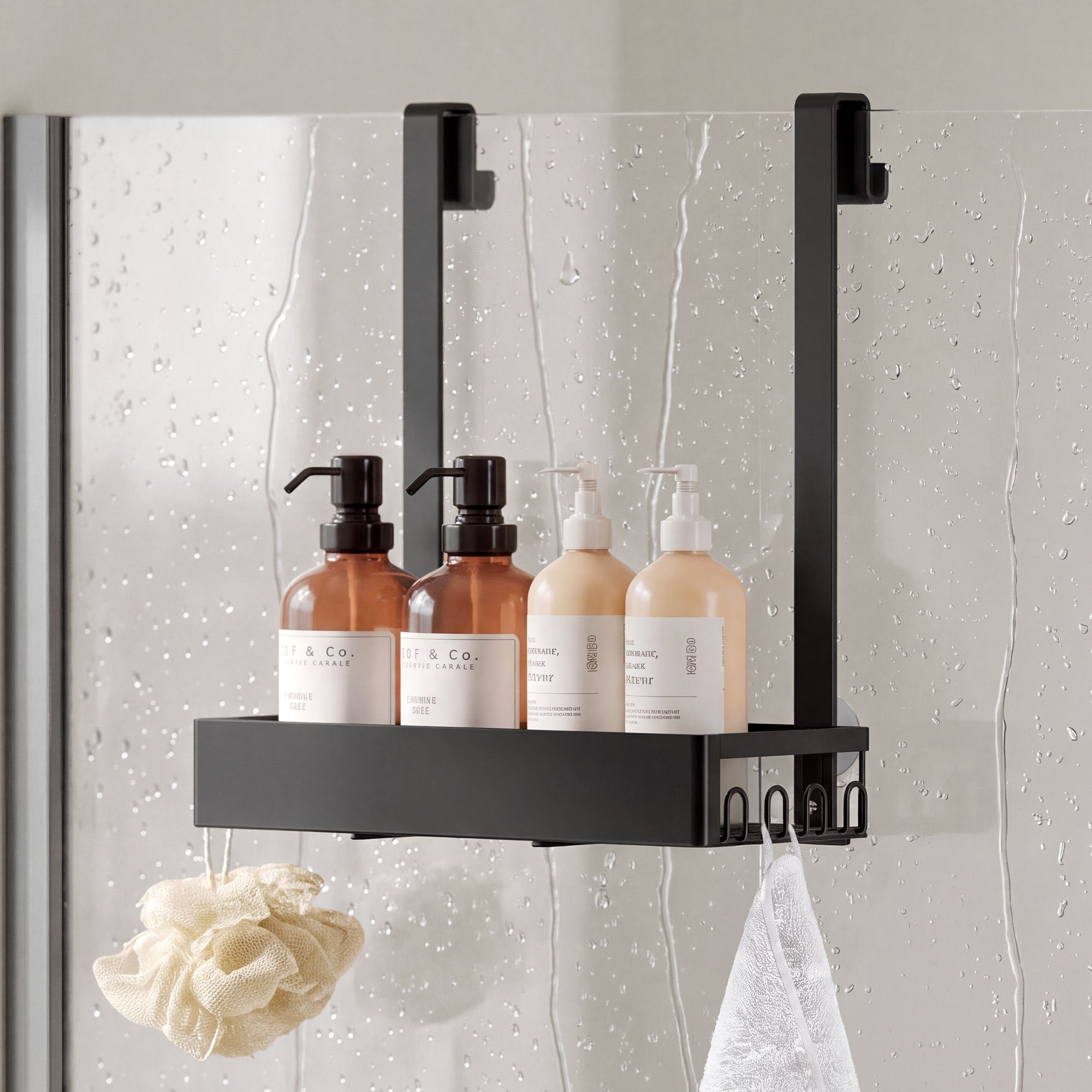 Shower shelf for hanging without drilling, made of black stainless steel