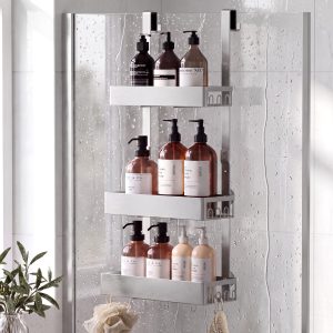 Three-tier hanging shower shelf in silver stainless steel