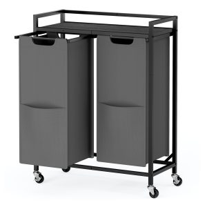 Laundry basket with 2 compartments, trolley with shelf and pockets, laundry basket for the home