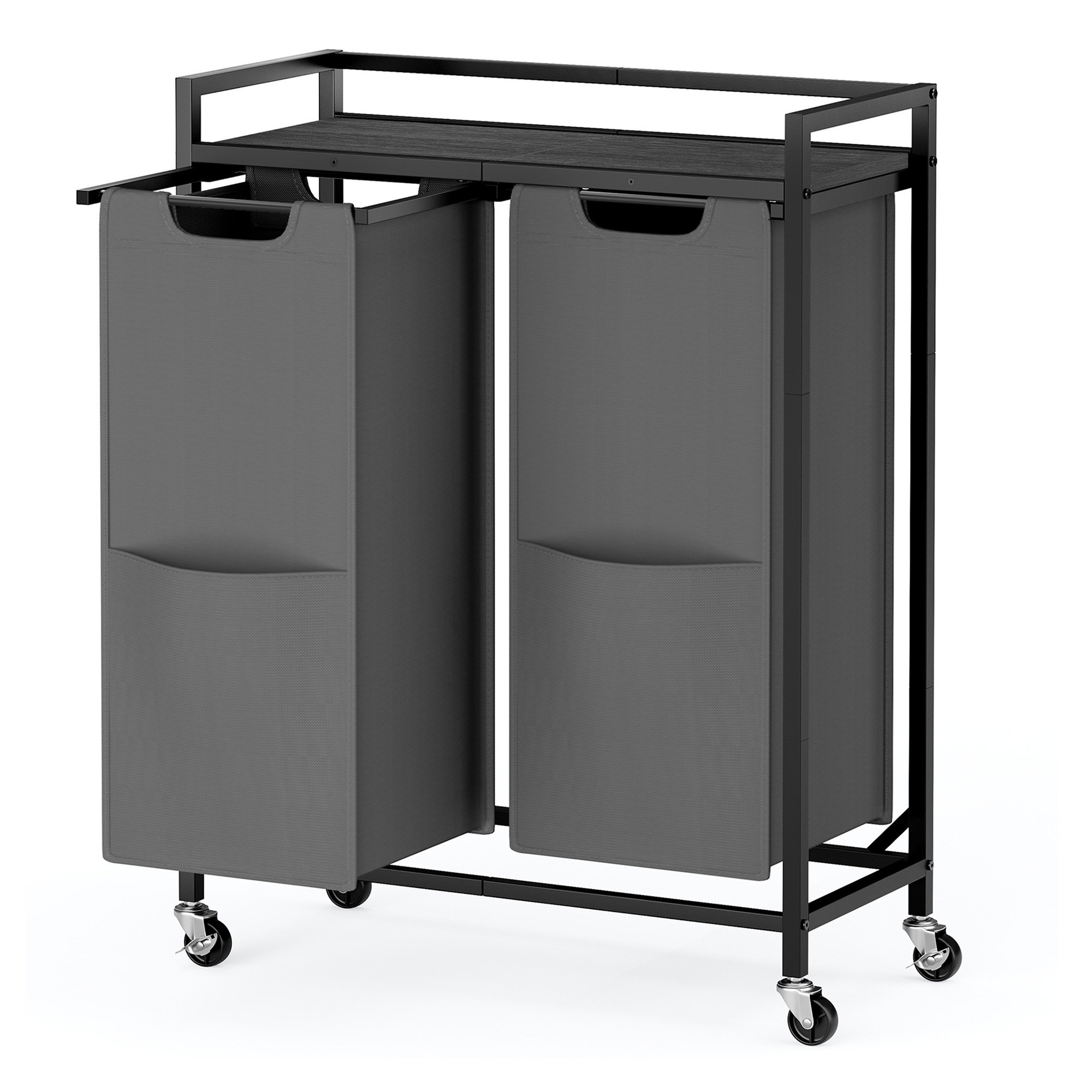 Laundry basket with 2 compartments, trolley with shelf and pockets, laundry basket for the home