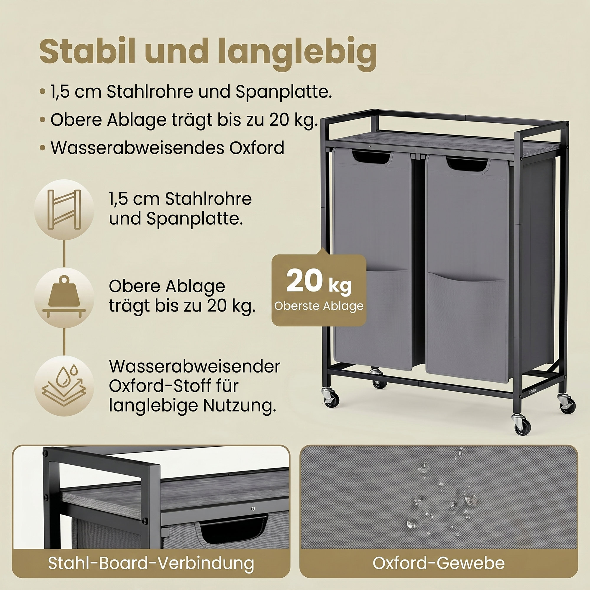 Tøjkurv med 2 rum, rullevogn med hylde og lommer, tøjkurv til husholdningen - Billede 8