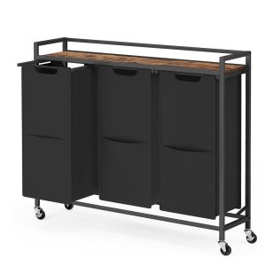Laundry trolley with 3 compartments, removable laundry bags, shelf for storage