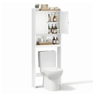 Narrow bathroom cabinet with doors, white