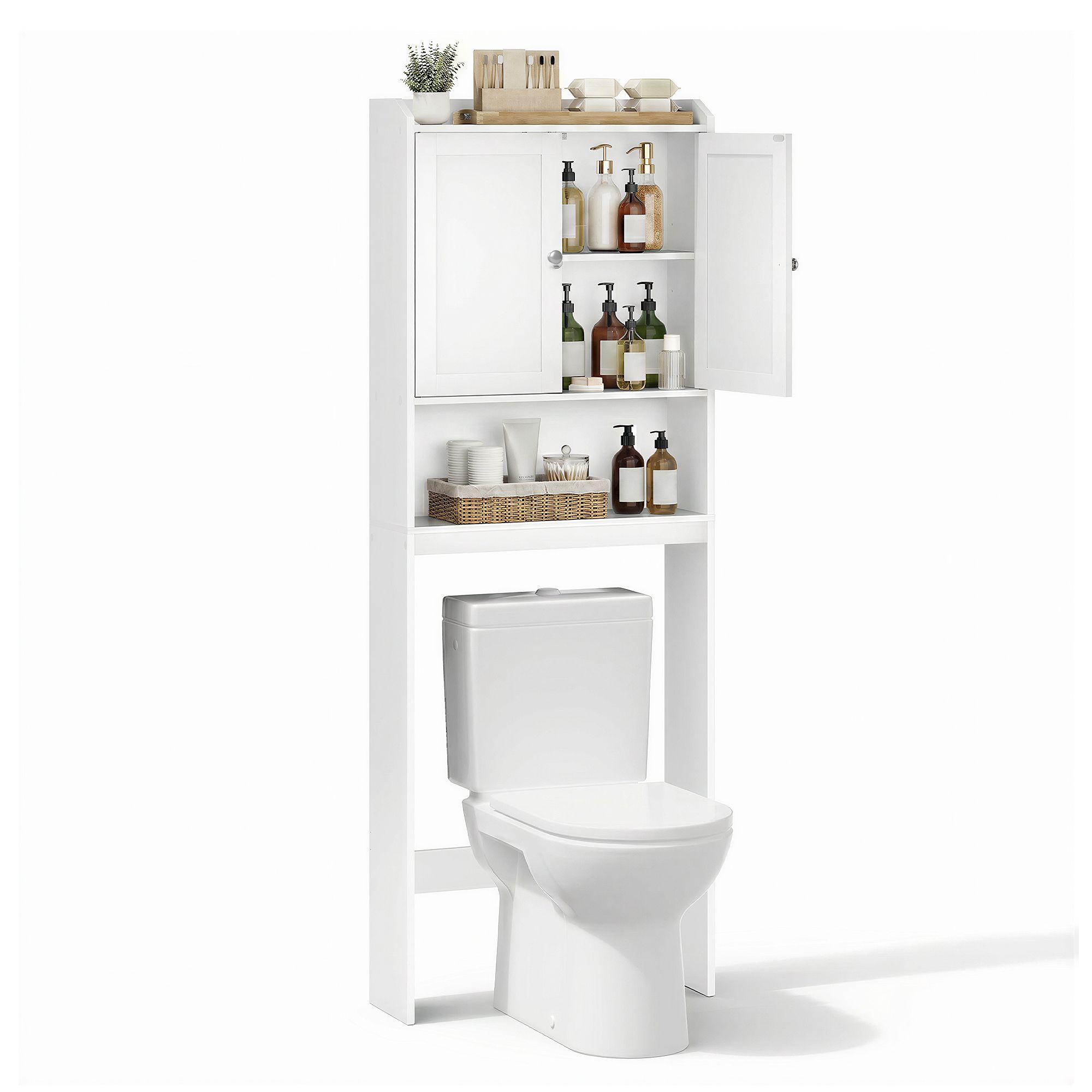 Narrow bathroom cabinet with doors, white