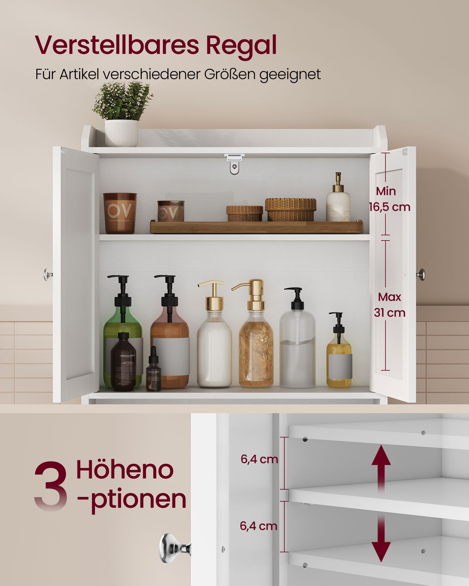 Smal badeværelsesskab med låger, hvid - Billede 4