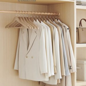 Set of 48 natural beige wooden clothes hangers with notches