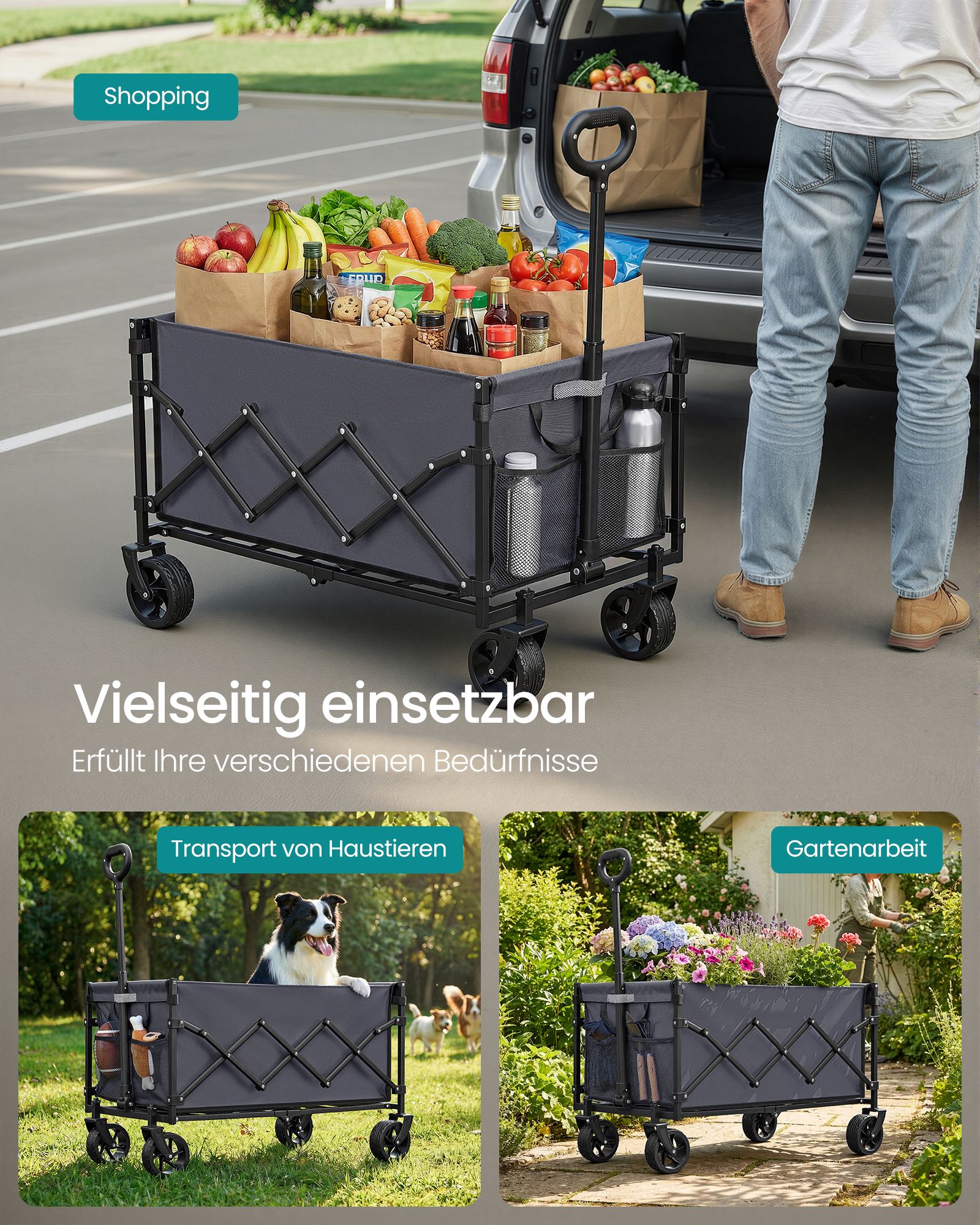 Hopfällbar handvagn 150 L med förstärkta hjul, duvgrå - Bild 5