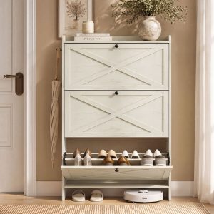 Shoe cupboard with 3 flaps for 24 pairs of shoes in rustic white