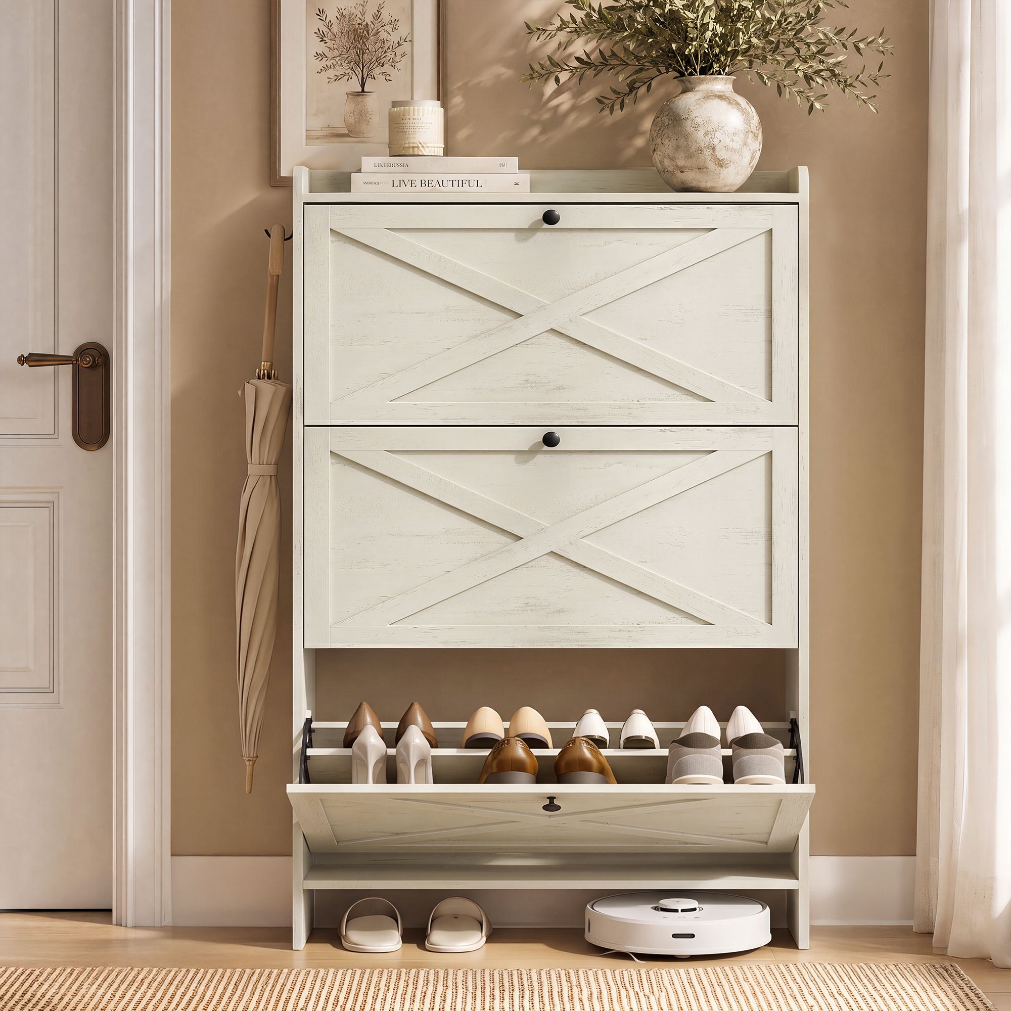 Shoe cupboard with 3 flaps for 24 pairs of shoes in rustic white