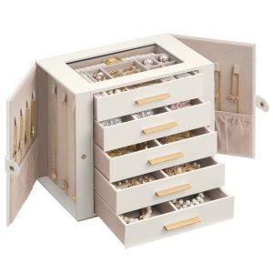Multi-tier jewellery box with glass lid and necklace storage