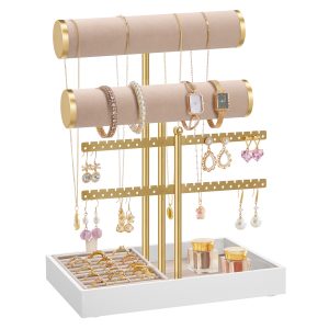 Jewellery stand with pale gold and camel-brown velvet tray