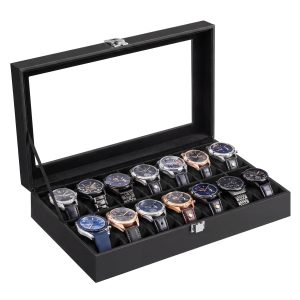 Watch box with 14 compartments, glass lid and black PU leather