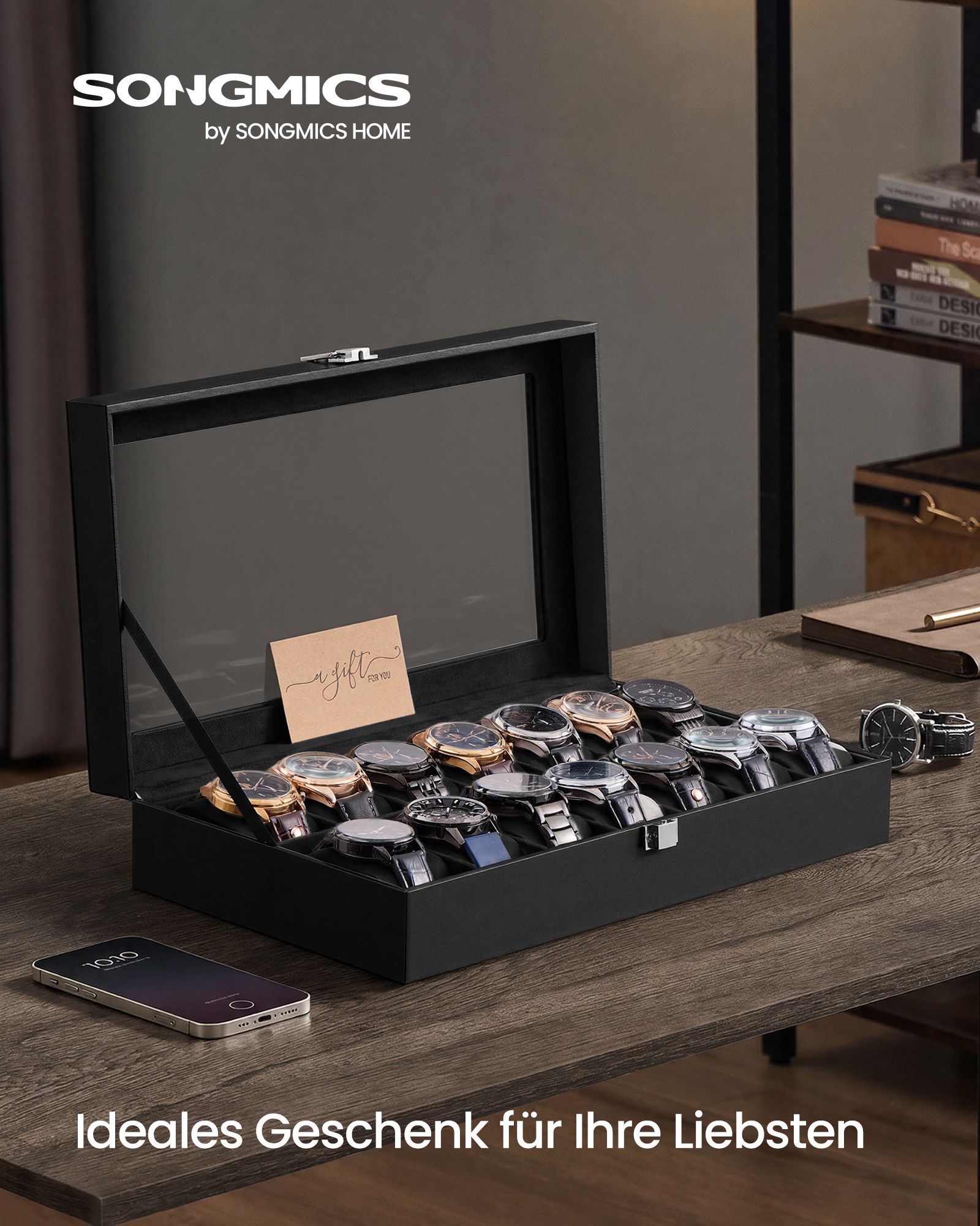 Watch box with 14 compartments, glass lid and black PU leather