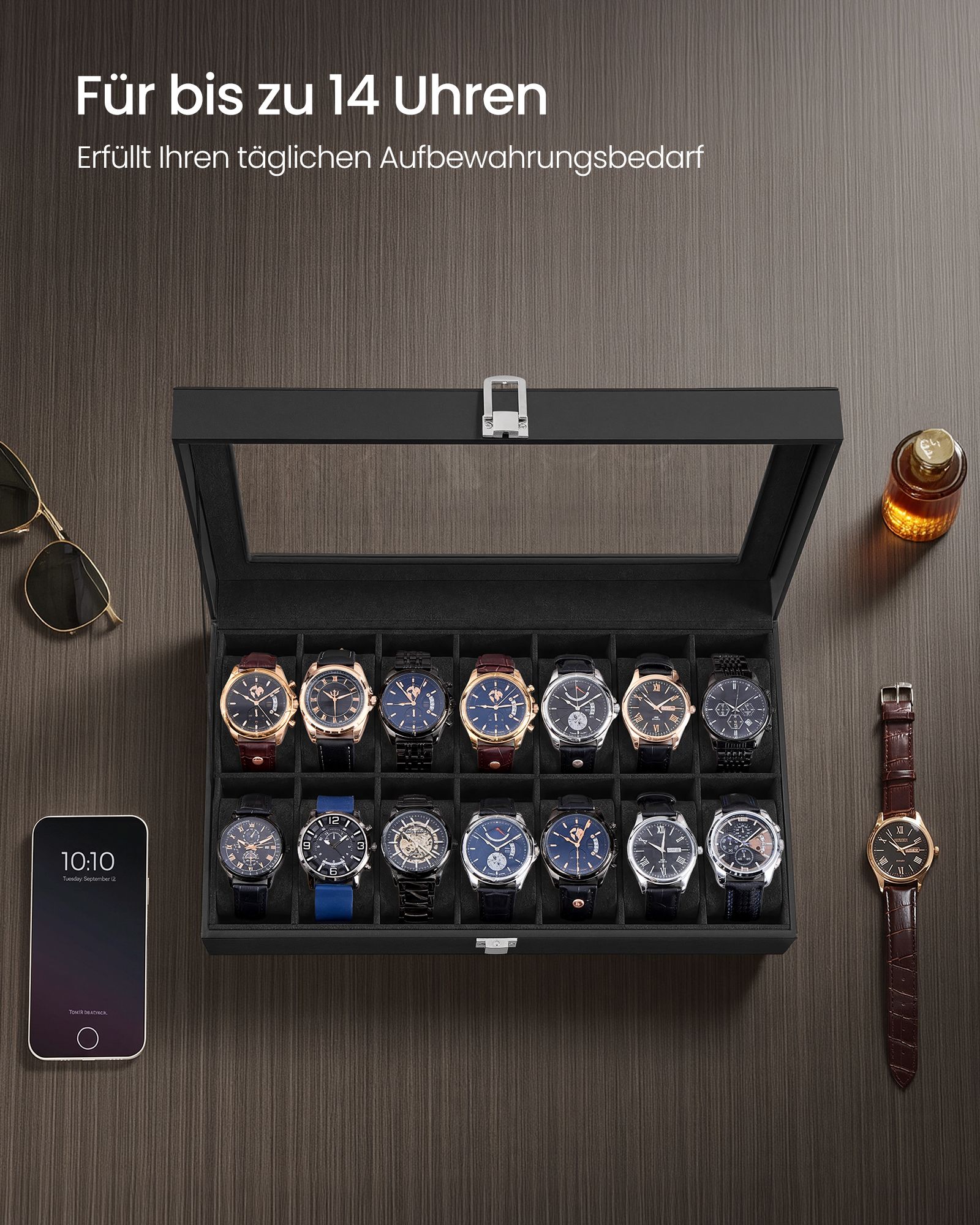 Watch box with 14 compartments, glass lid and black PU leather