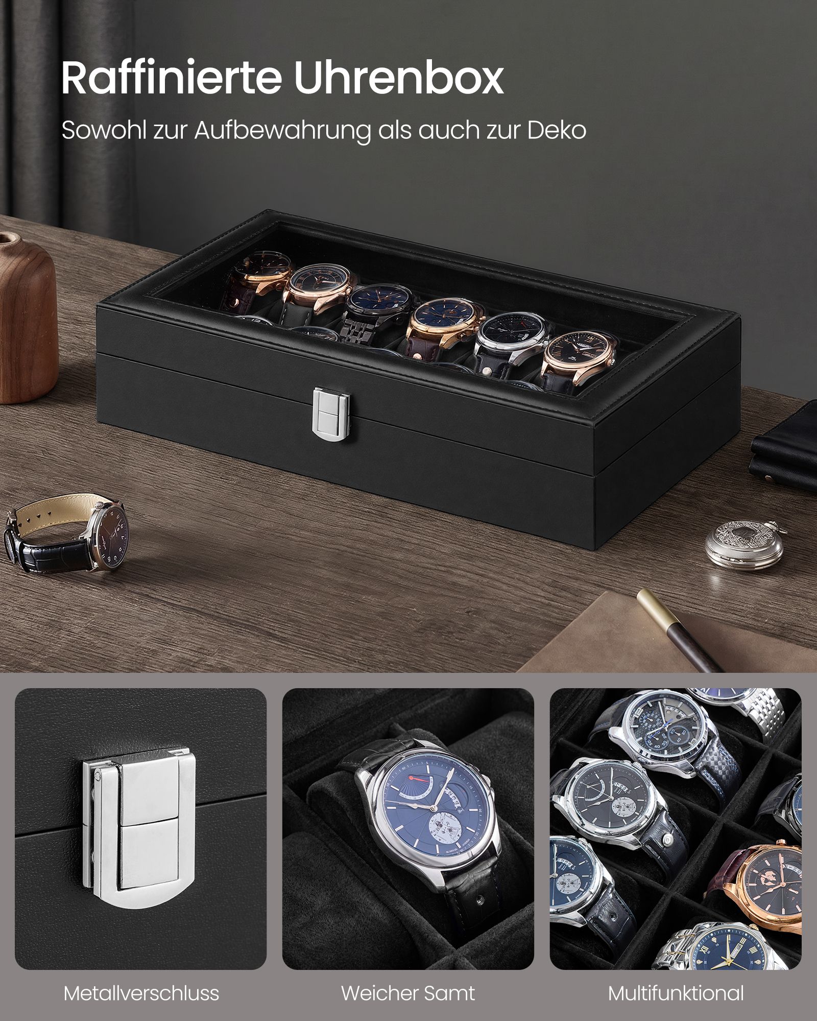 Watch box with 14 compartments, glass lid and black PU leather