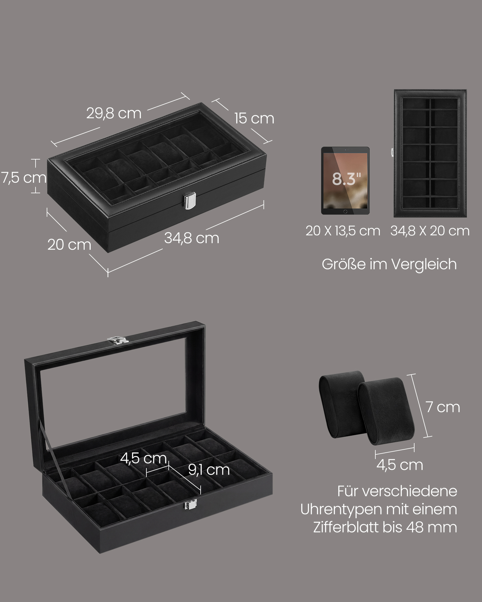 Watch box with 14 compartments, glass lid and black PU leather