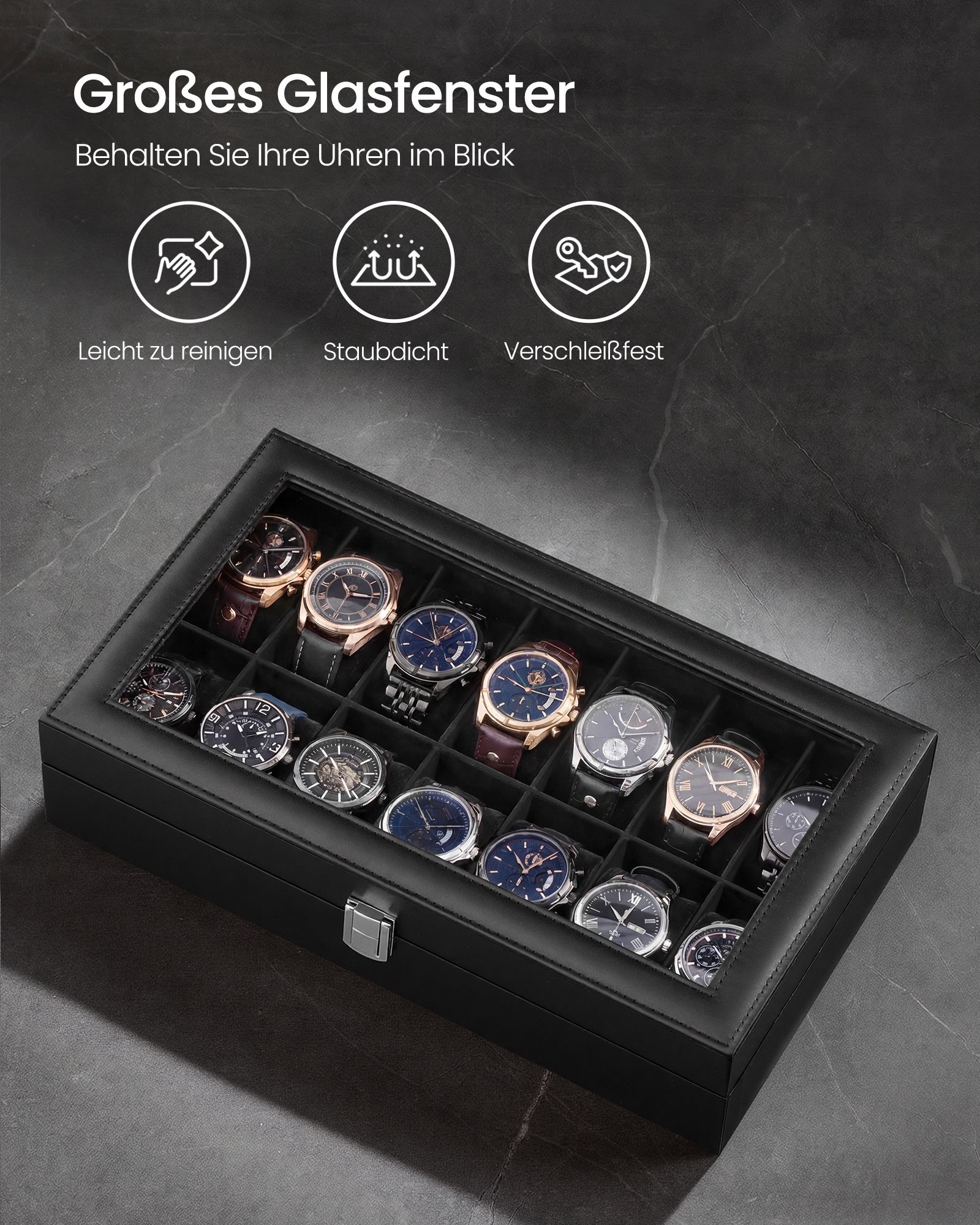 Watch box with 14 compartments, glass lid and black PU leather