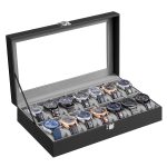 PU leather watch box with glass lid and 14 compartments