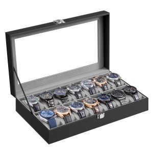 PU leather watch box with glass lid and 14 compartments