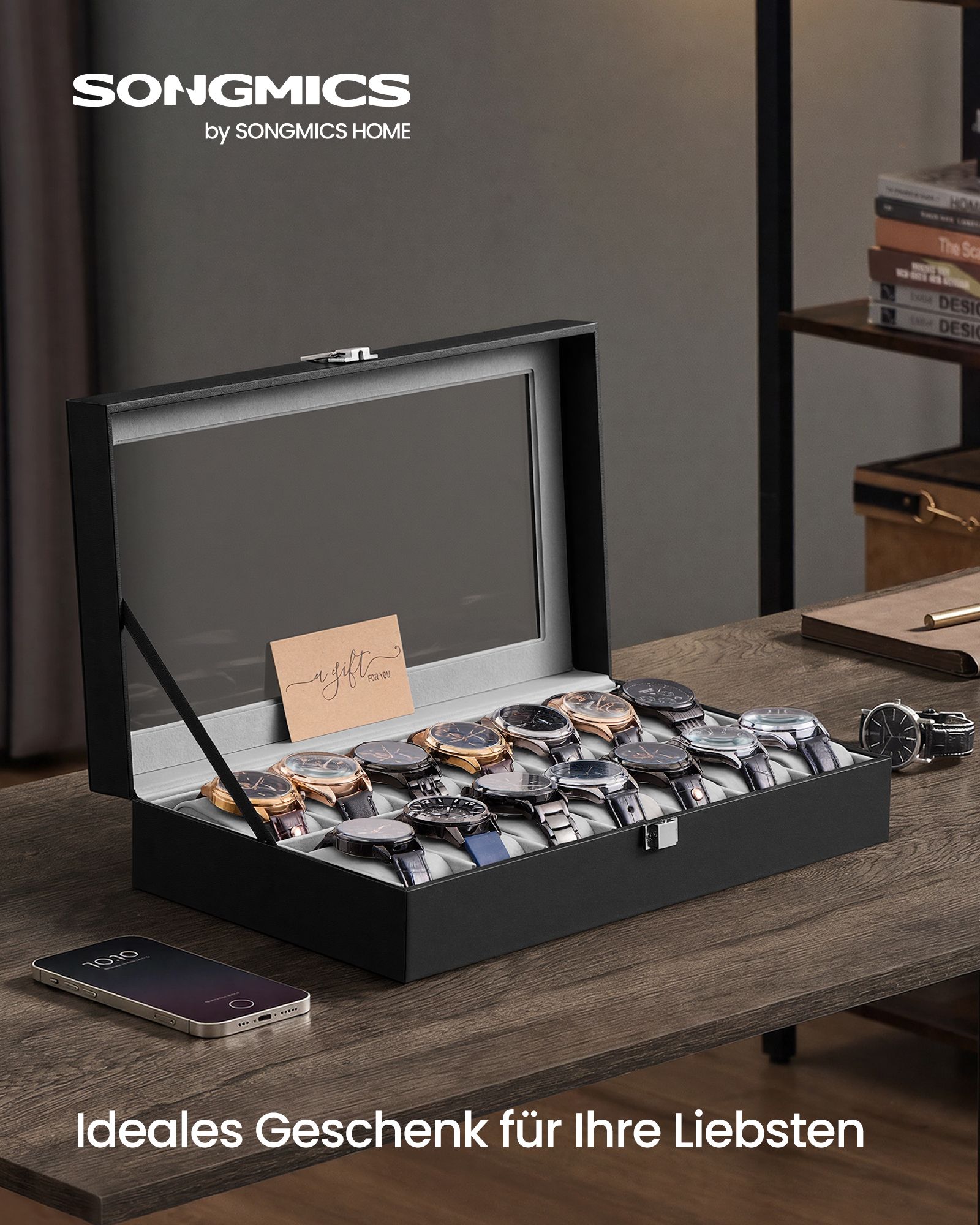 PU leather watch box with glass lid and 14 compartments