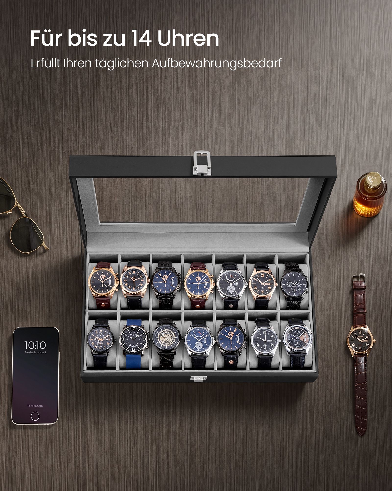 PU leather watch box with glass lid and 14 compartments - Image 3