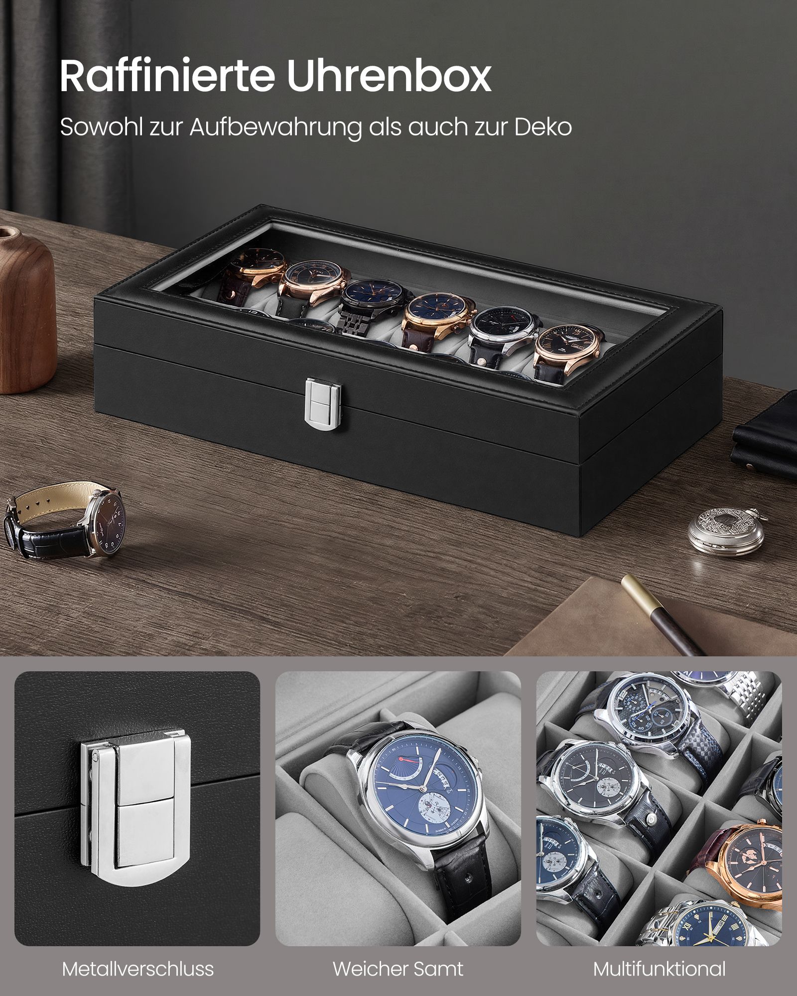 PU leather watch box with glass lid and 14 compartments