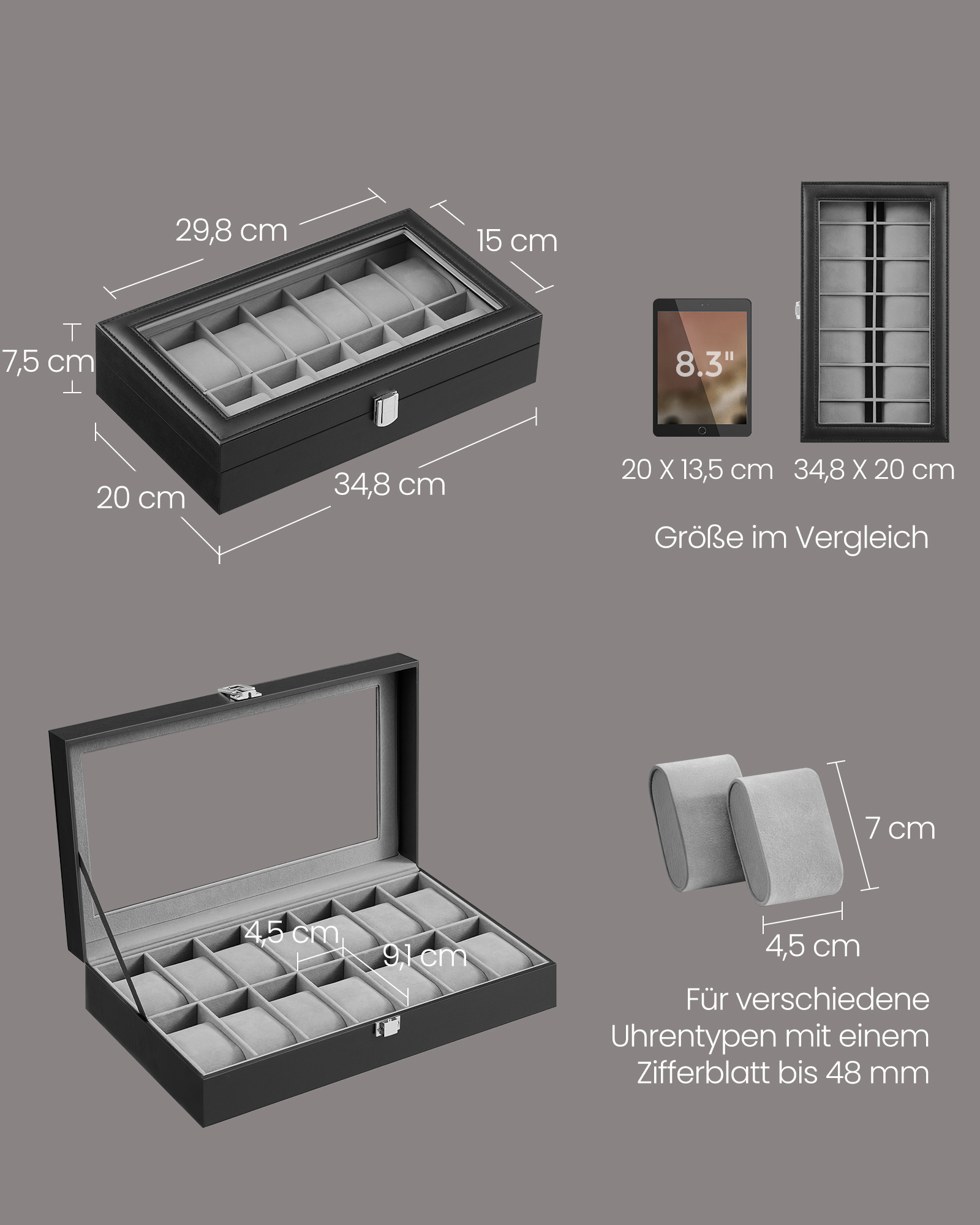 PU leather watch box with glass lid and 14 compartments