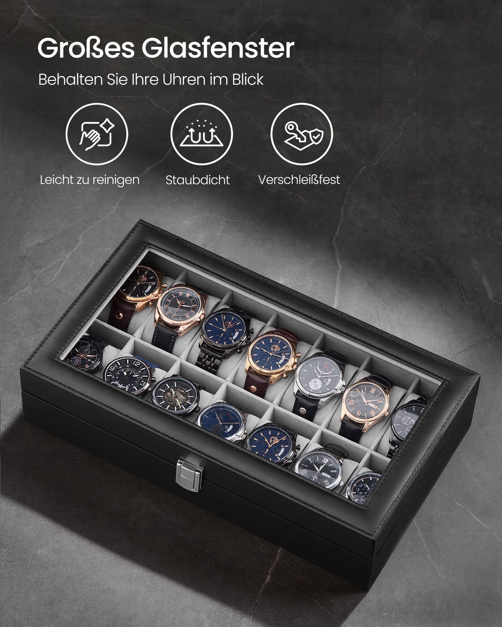 PU leather watch box with glass lid and 14 compartments - Image 6