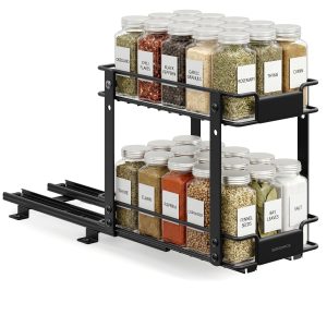 Pull-out steel spice rack with 2 tiers