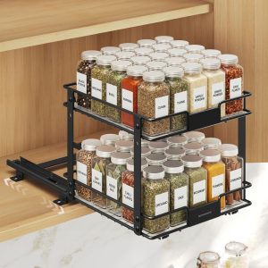 Extendable black spice rack, 2 tiers, steel, 27 x 25.2 x 23.8 cm