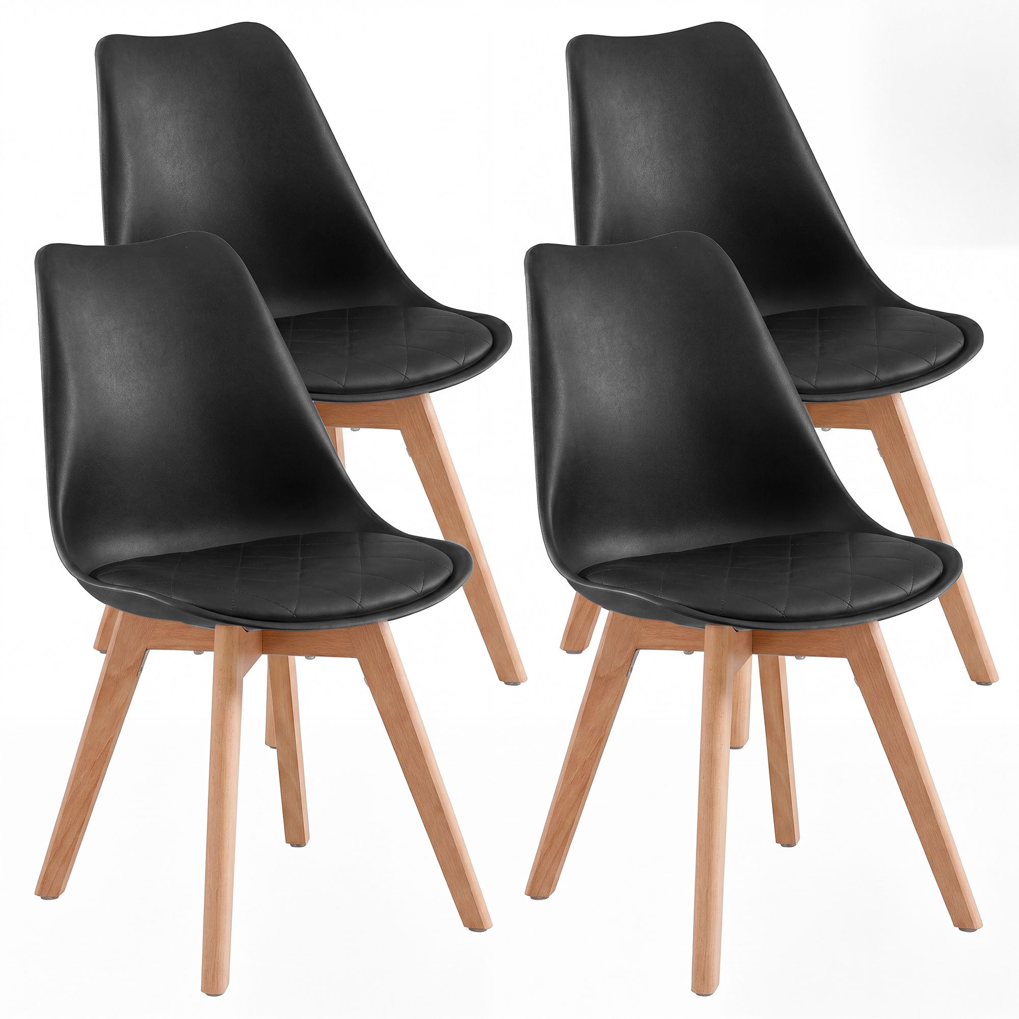 Dining Chairs, Set of 4: Upholstered kitchen chairs made from PU leather and beech wood, 46.5 x 57 x 79 cm, black