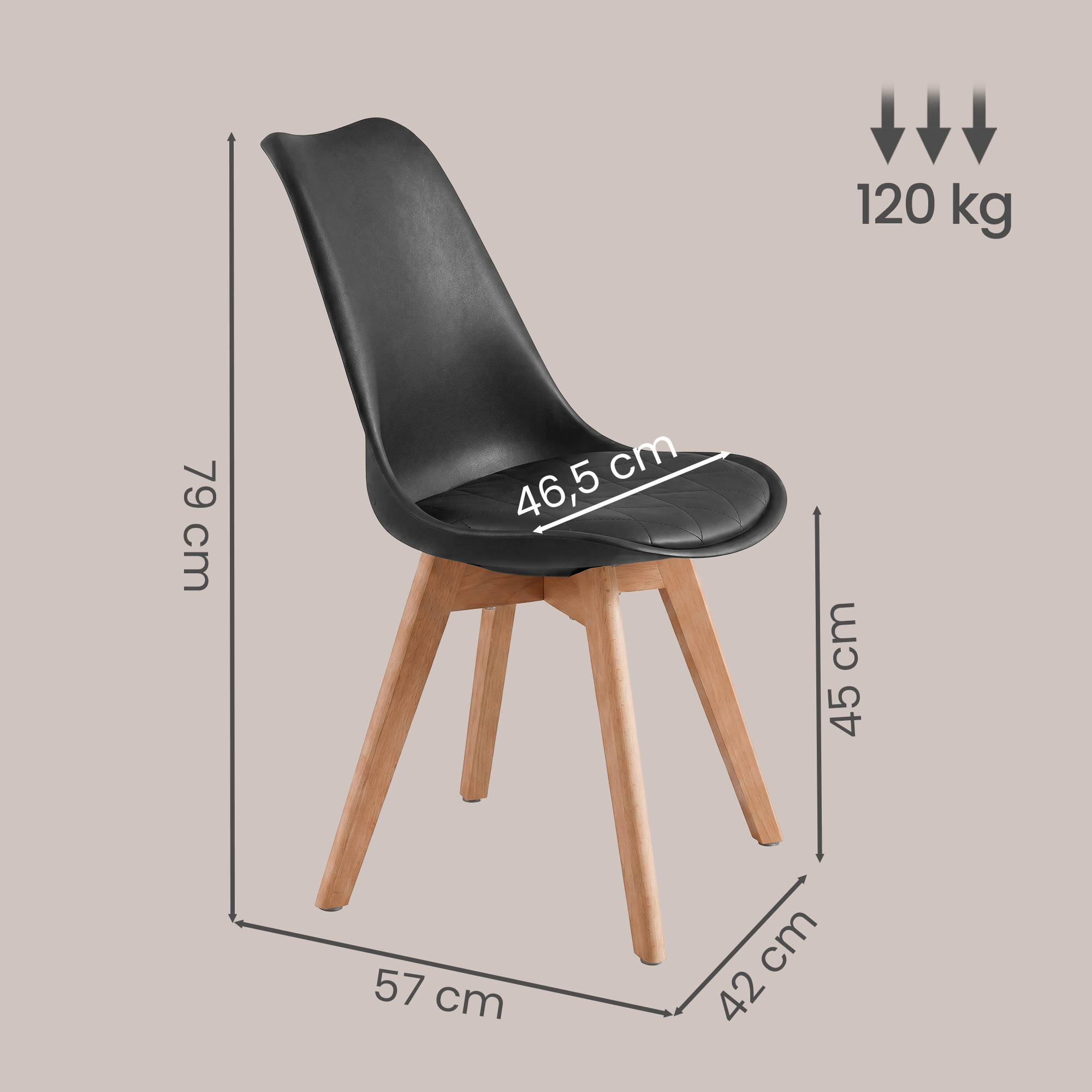 Dining Chairs, Set of 4: Upholstered kitchen chairs made from PU leather and beech wood, 46.5 x 57 x 79 cm, black