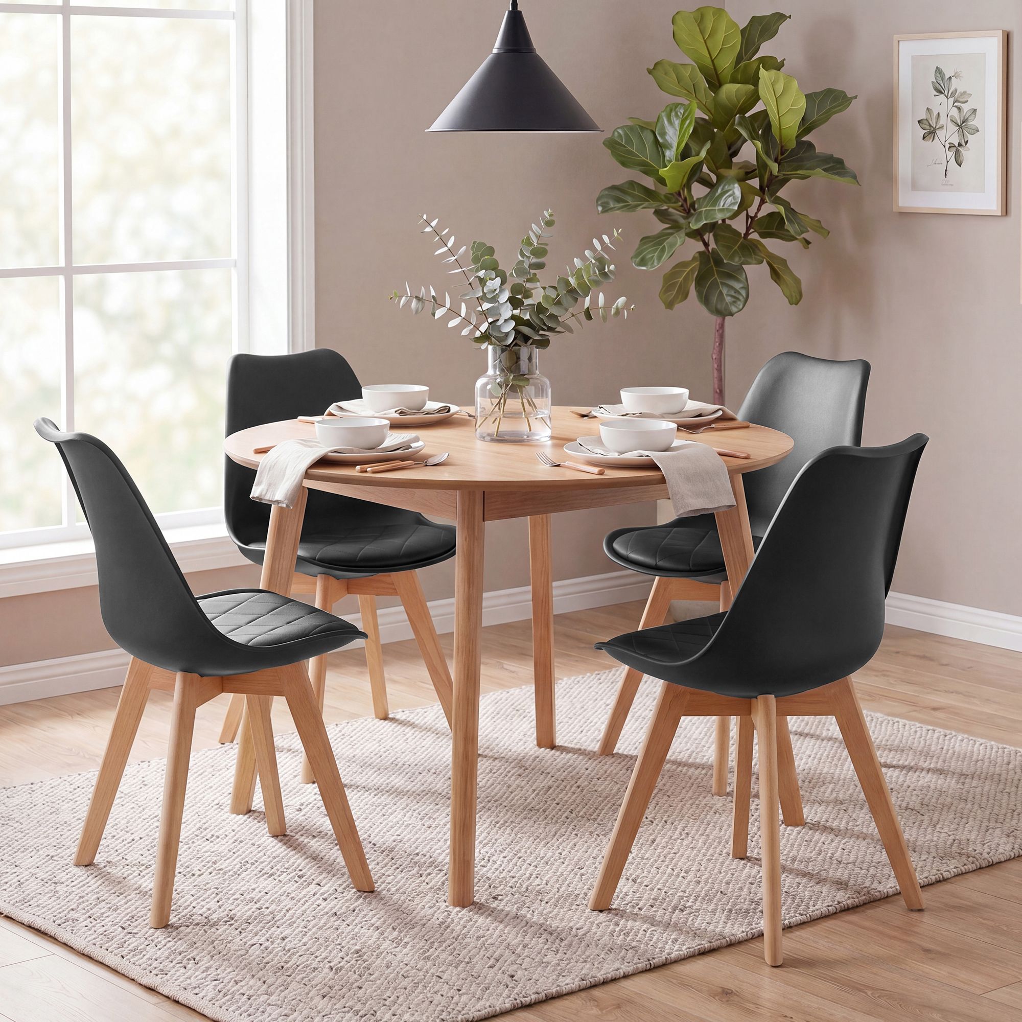 Dining Chairs, Set of 4: Upholstered kitchen chairs made from PU leather and beech wood, 46.5 x 57 x 79 cm, black