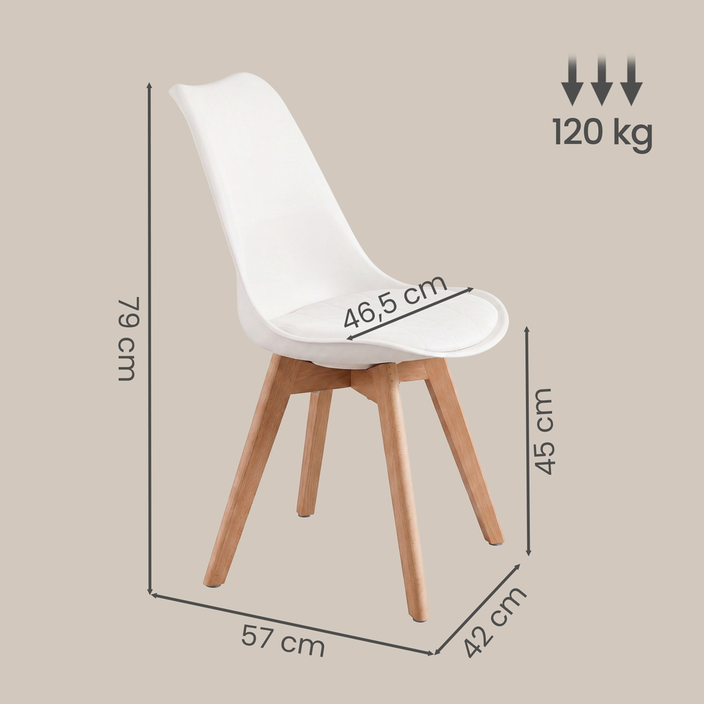 Upholstered kitchen chairs made from PU leather and beech wood, set of 2, white, 46.5 x 57 x 79 cm
