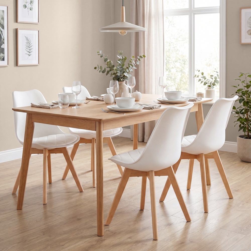 Upholstered kitchen chairs made from PU leather and beech wood, set of 2, white, 46.5 x 57 x 79 cm