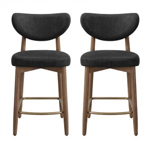 Set of 2 bar stools in PU leather with backrest and solid wood legs, 50 x 51.5 x 95.5 cm, black