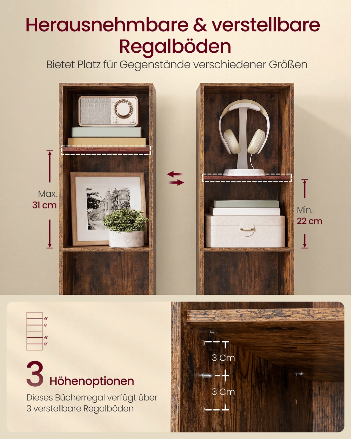 Bogreol i vintagebrun, 6 hylder, 24 x 30,2 x 160,7 cm - Billede 3