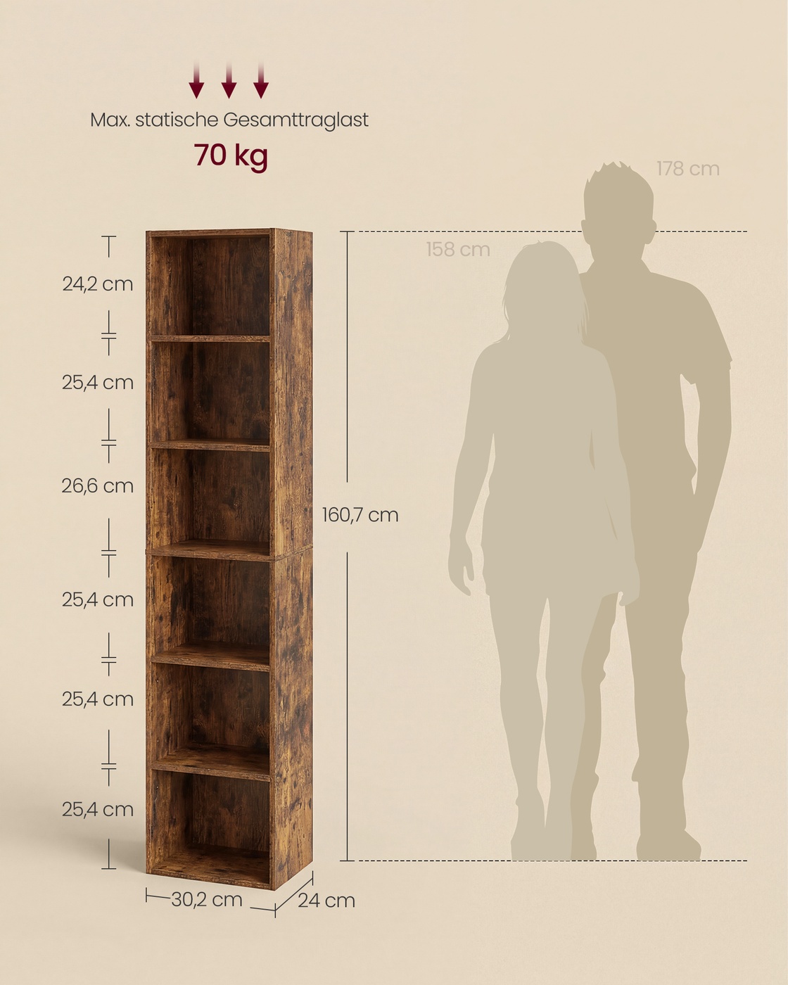 Bogreol i vintagebrun, 6 hylder, 24 x 30,2 x 160,7 cm - Billede 5