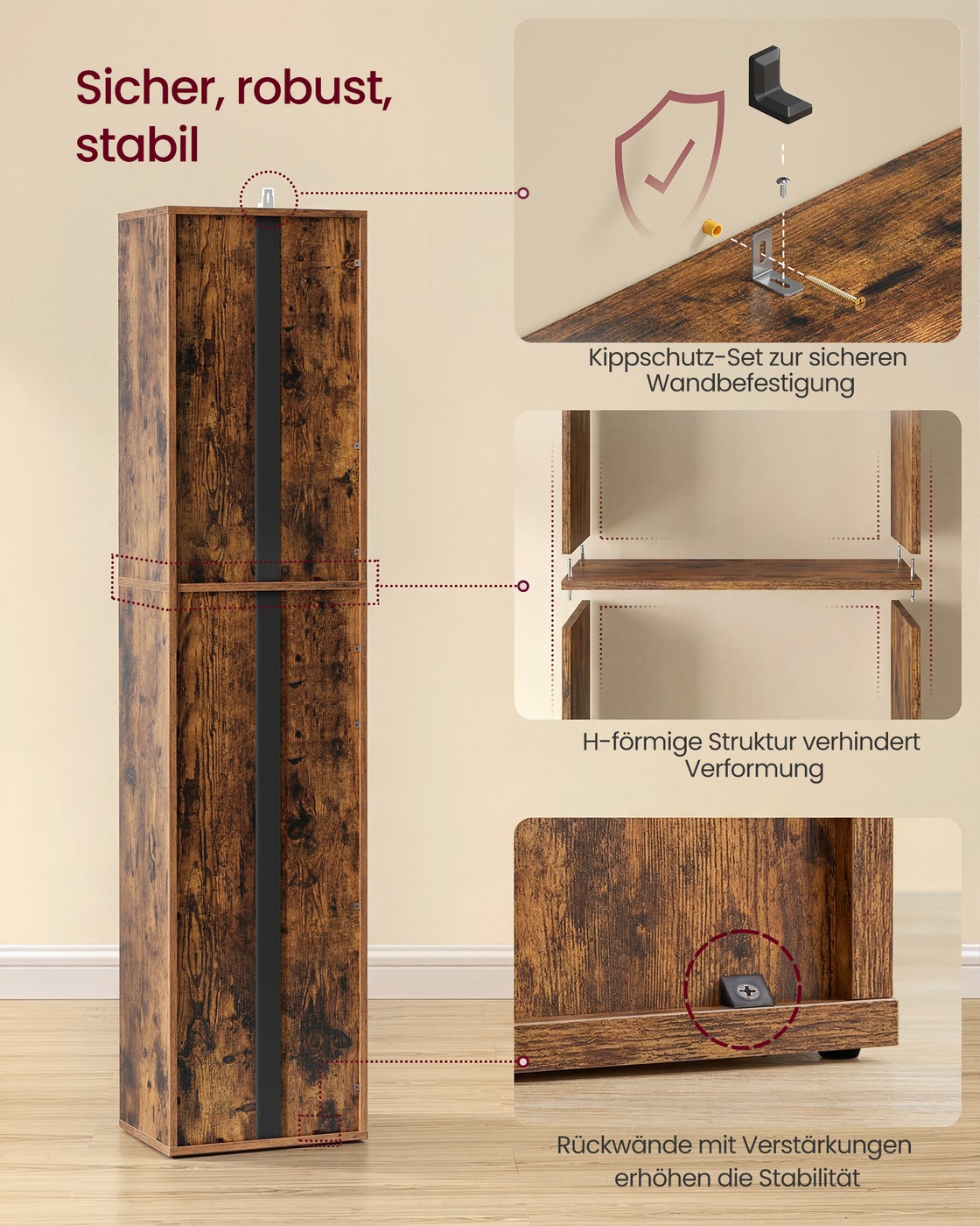 Bogreol i vintagebrun, 6 hylder, 24 x 30,2 x 160,7 cm - Billede 6