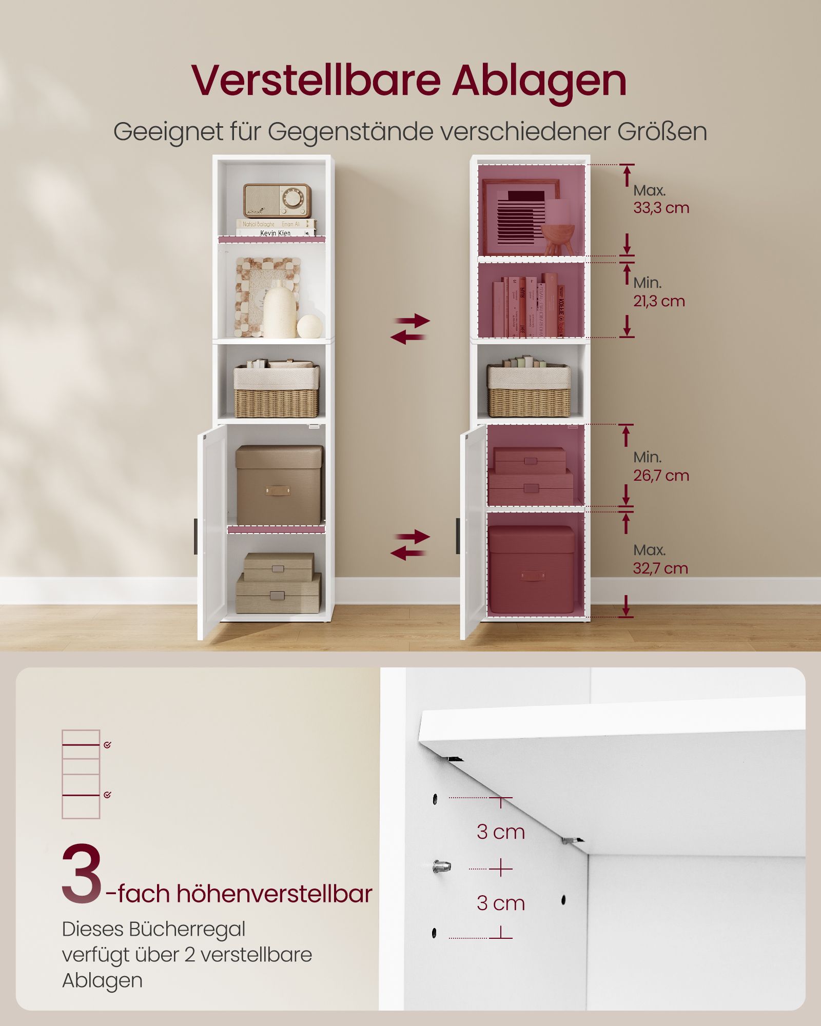 Bookcase with 5 shelves and a door, 31.8 x 24 x 145.9 cm