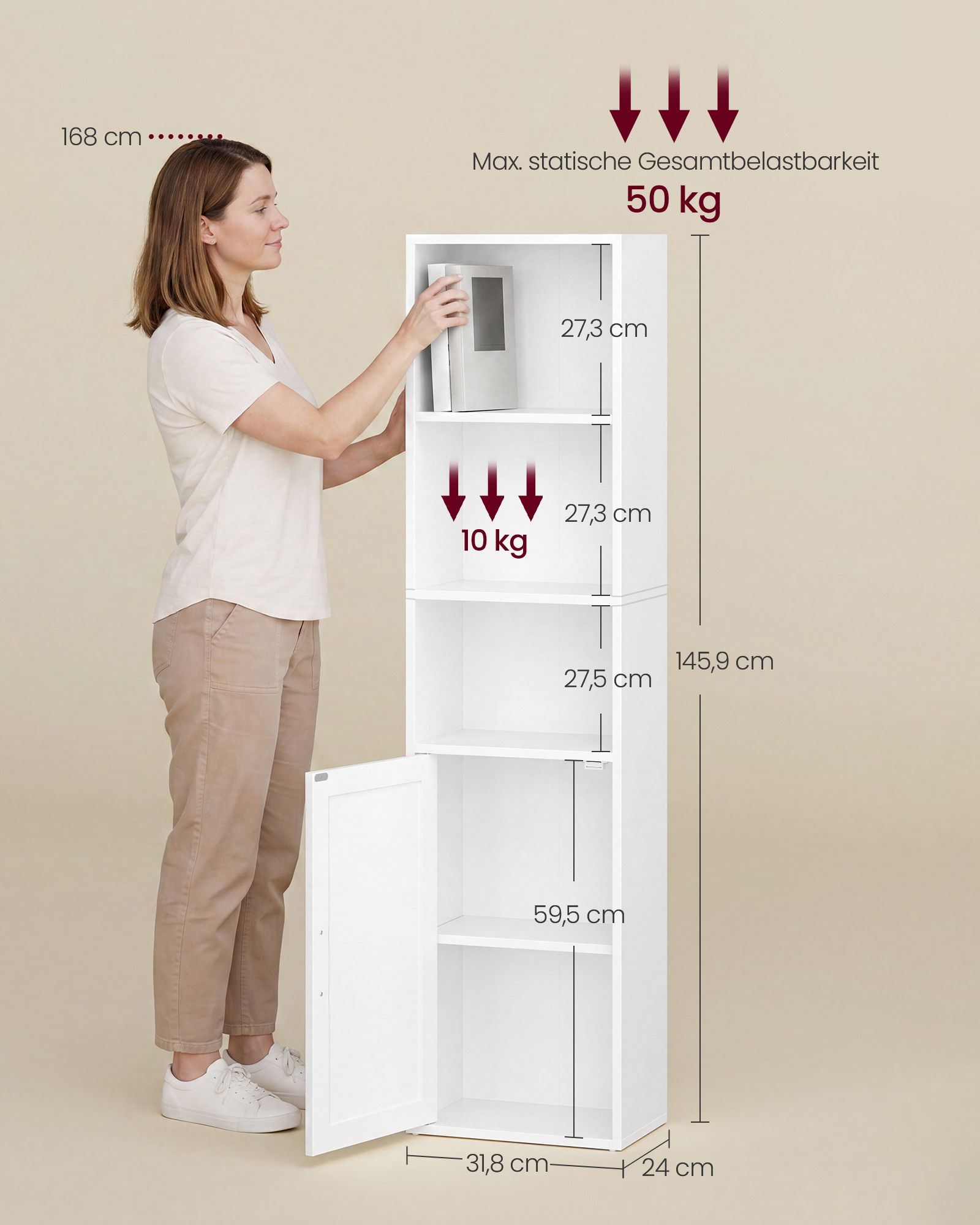 Bookcase with 5 shelves and a door, 31.8 x 24 x 145.9 cm