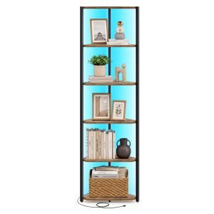 Corner shelving unit with six shelves and LED lighting in brown and black