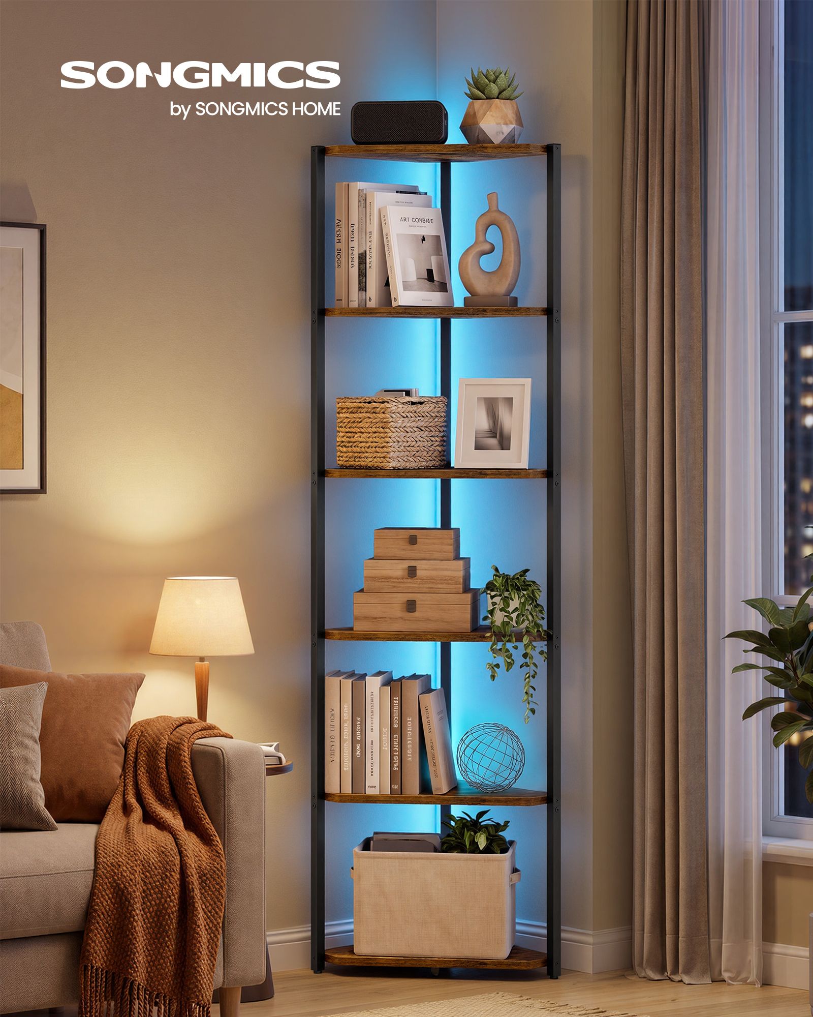 Corner shelving unit with six shelves and LED lighting in brown and black
