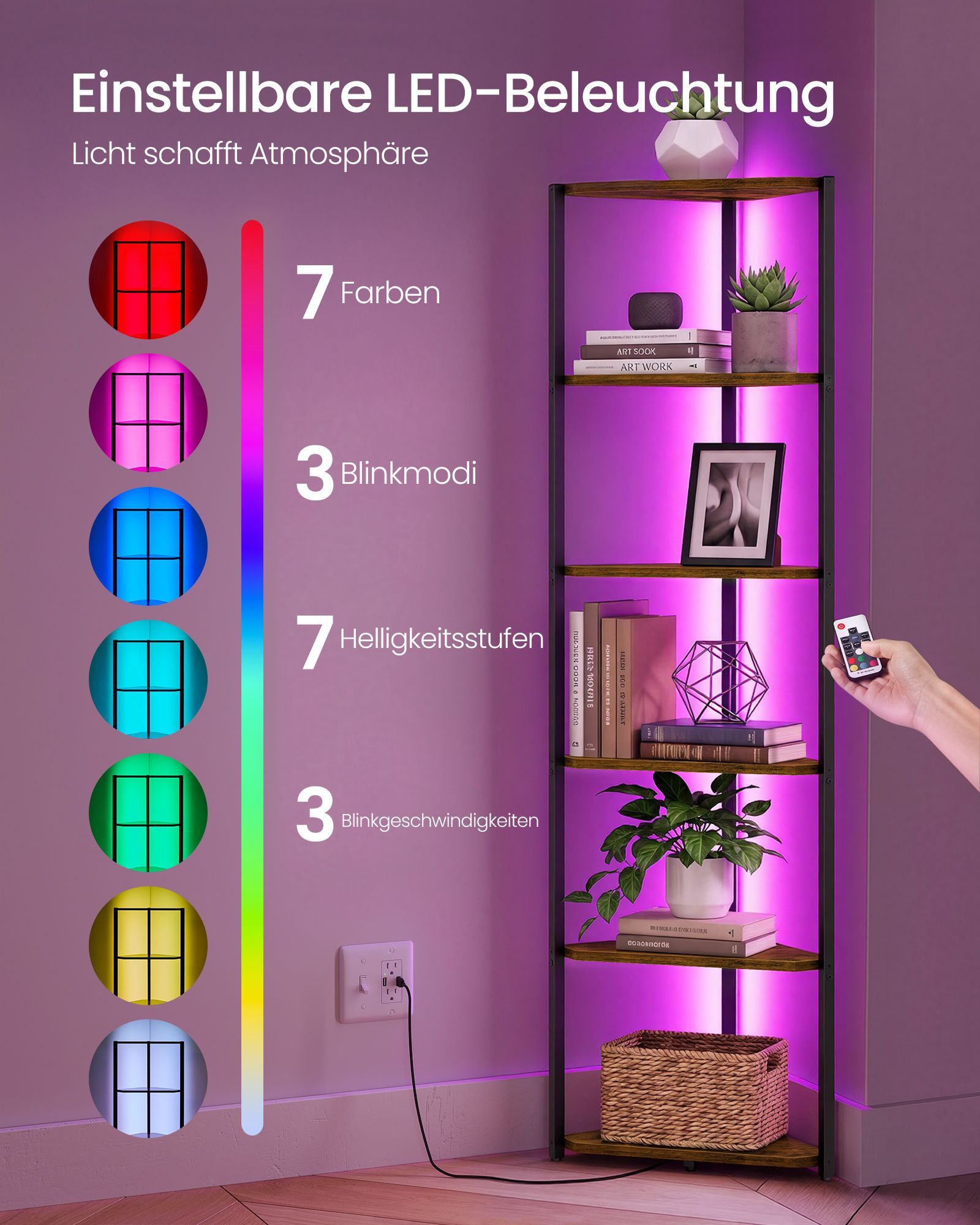 Corner shelving unit with six shelves and LED lighting in brown and black