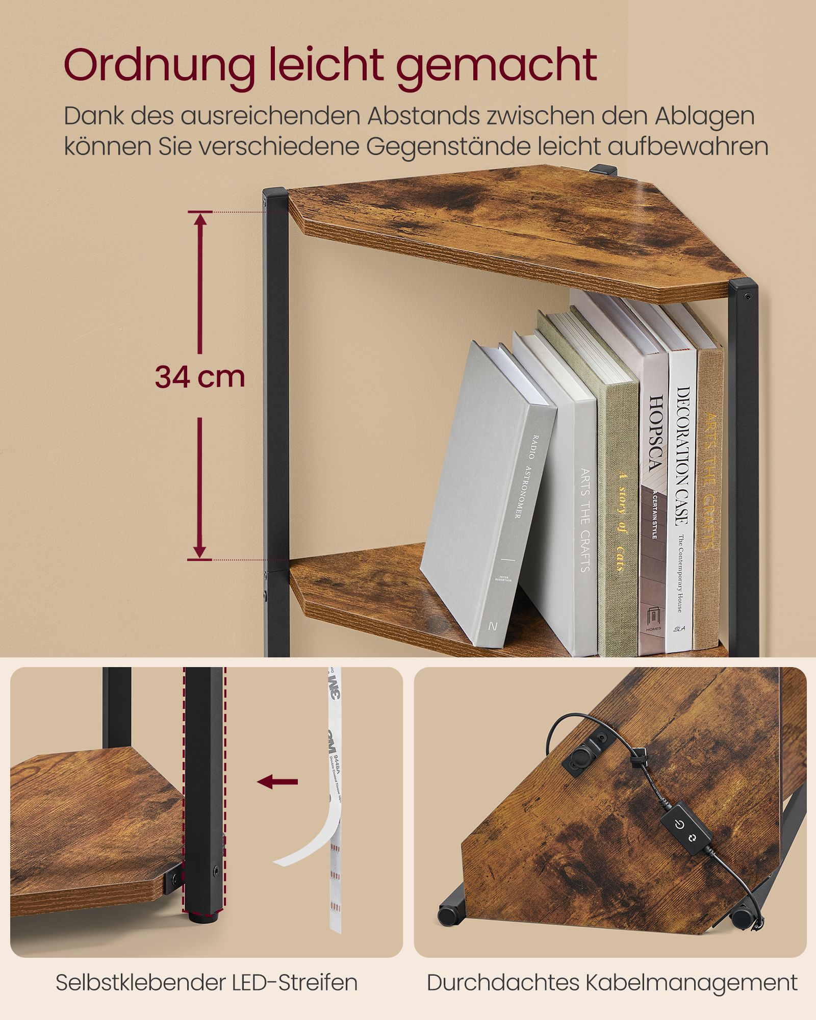 Corner shelving unit with six shelves and LED lighting in brown and black