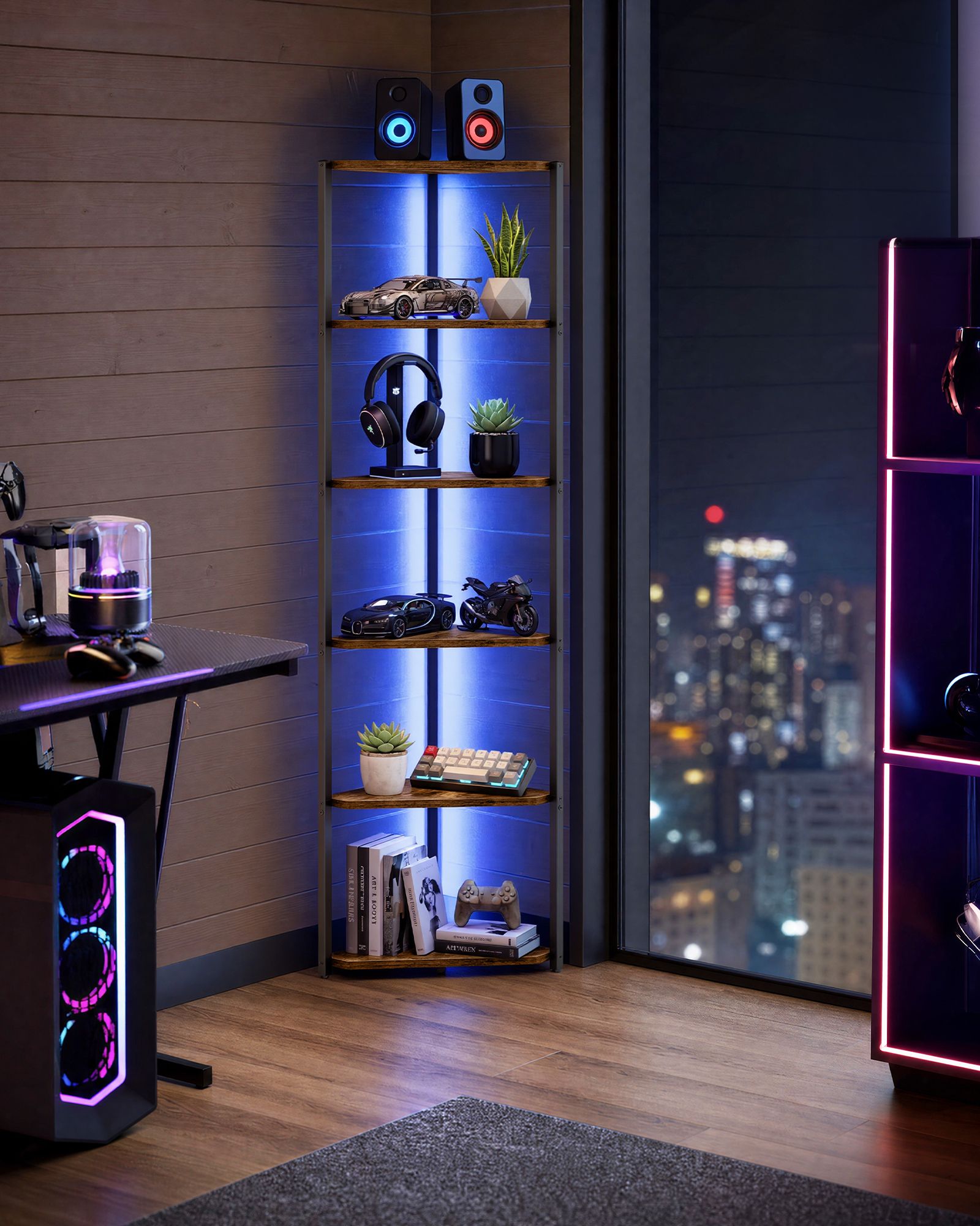 Corner shelving unit with six shelves and LED lighting in brown and black