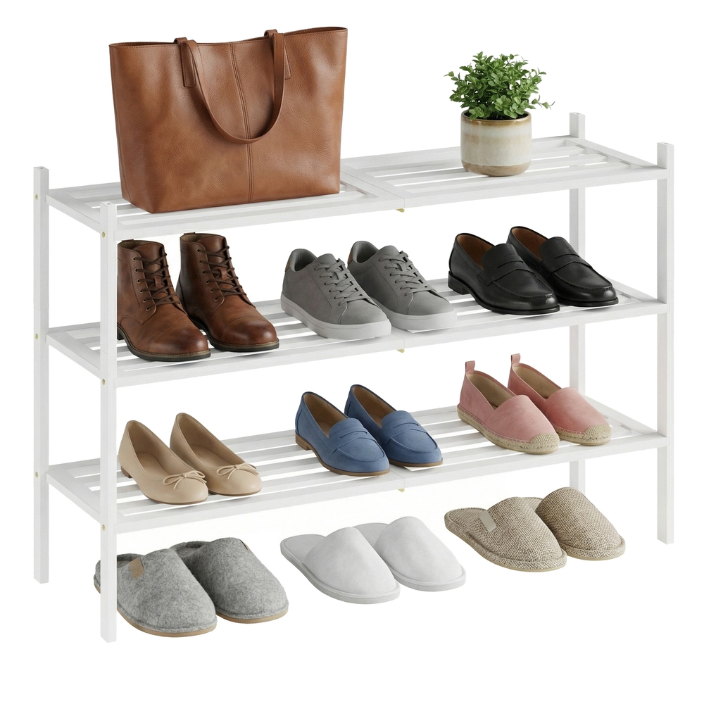 Bamboo shoe rack, stackable shoe rack with 3 tiers